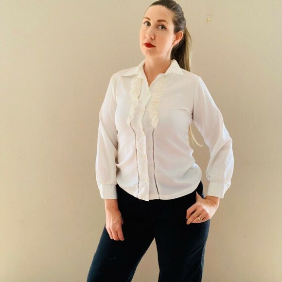 Vintage 1970s White‎ Ruffle Button Down Shirt - Picture 2 of 4